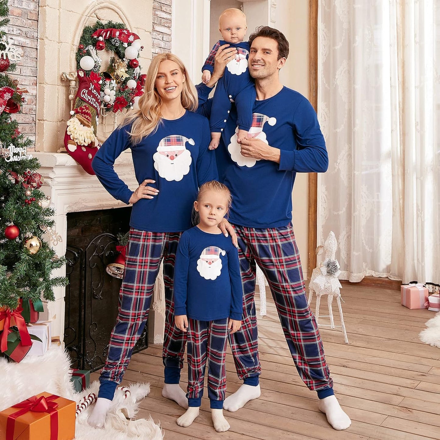 Family Christmas Pjs Matching Sets Christmas Pajamas Santa Printed Top and Plaid Pants Sleepwear for Family