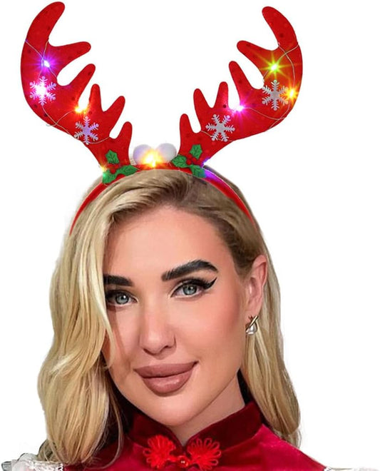 Big Antler Headbands Light up Christmas Headband LED Reindeer Hair Band Xmas Snowflake Hairbands Holiday Party Hair Accessories for Women and Girls