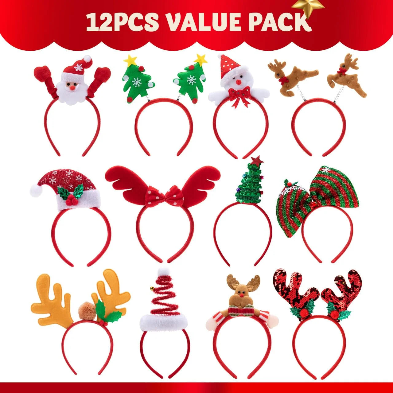 Pack of 8 Christmas Headbands with Different Designs for Christmas and Holiday Parties (One Size Fit Alll)