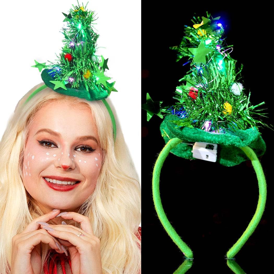 Light up Christmas Headbands Led Glowing Trees Hair Hoop Glitter Stars Hat Headpiece Luminous Hairbands for Women