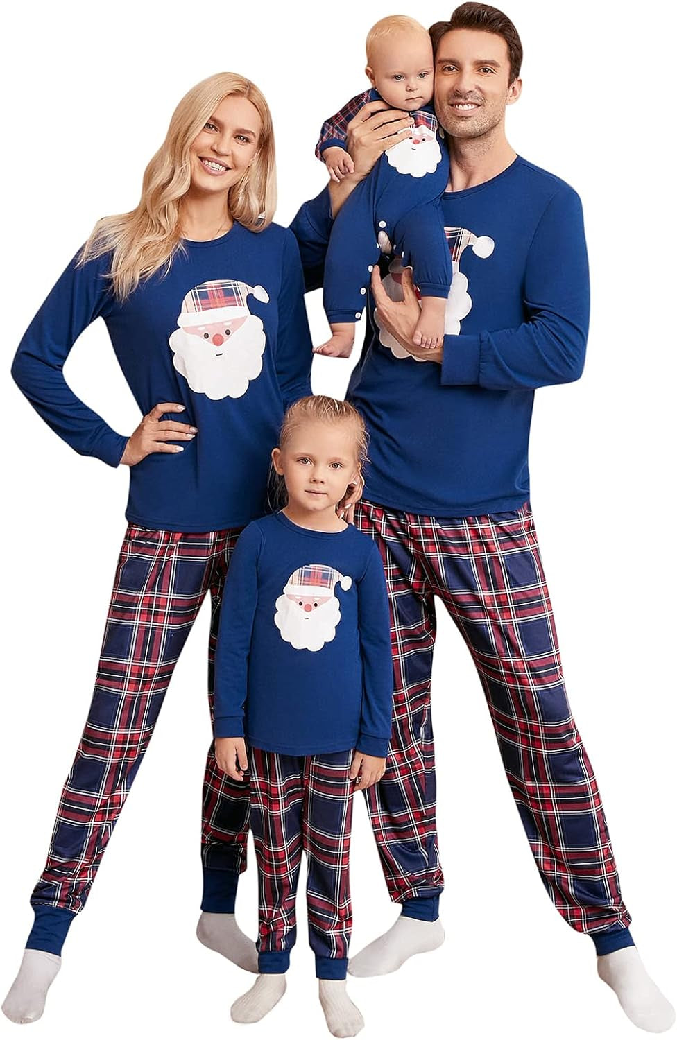 Family Christmas Pjs Matching Sets Christmas Pajamas Santa Printed Top and Plaid Pants Sleepwear for Family