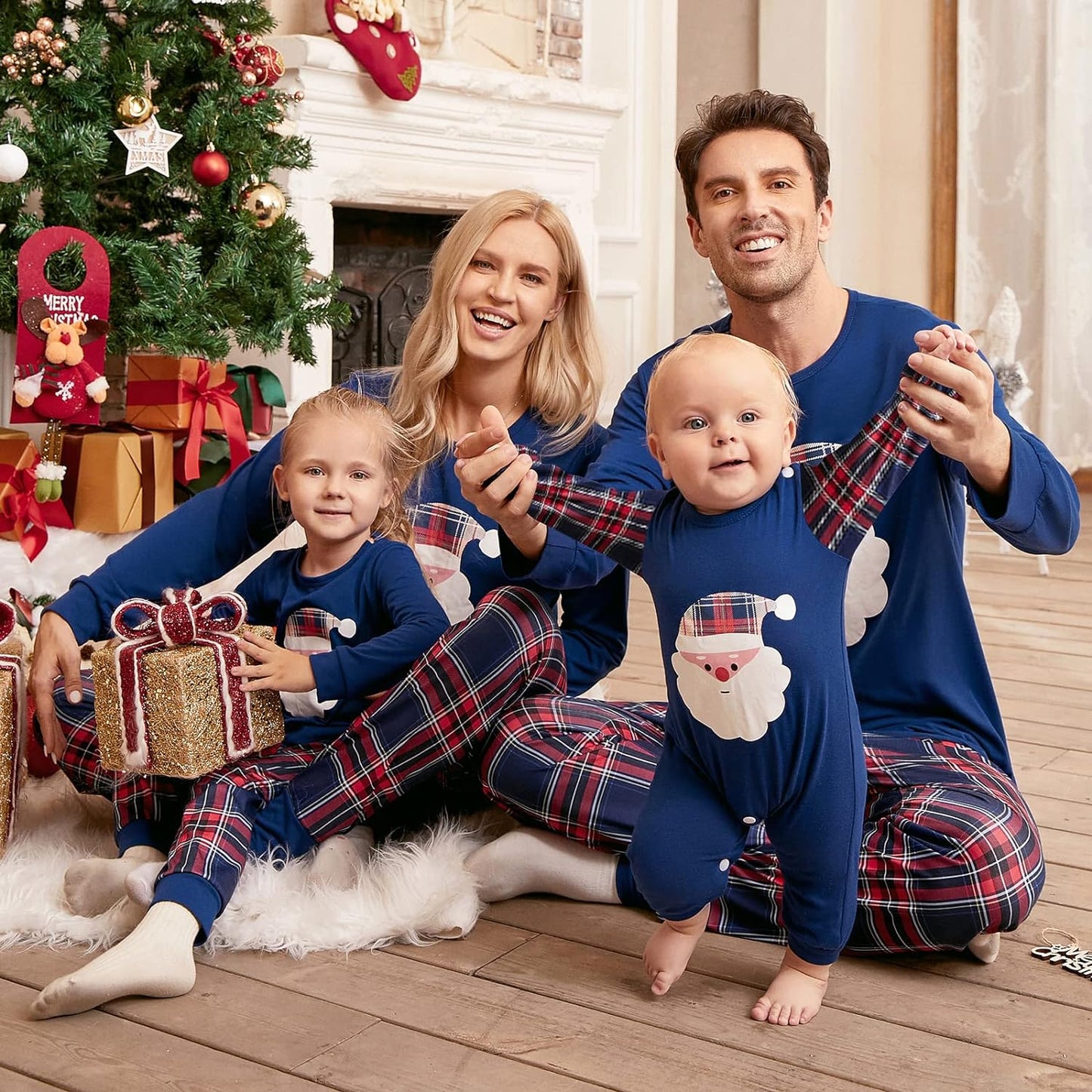 Family Christmas Pjs Matching Sets Christmas Pajamas Santa Printed Top and Plaid Pants Sleepwear for Family