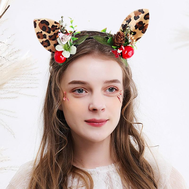 Leopard Headbands Brown Deer Hair Hoop Reindeer Antlers Headband Costume Halloween Hair Accessory for Women