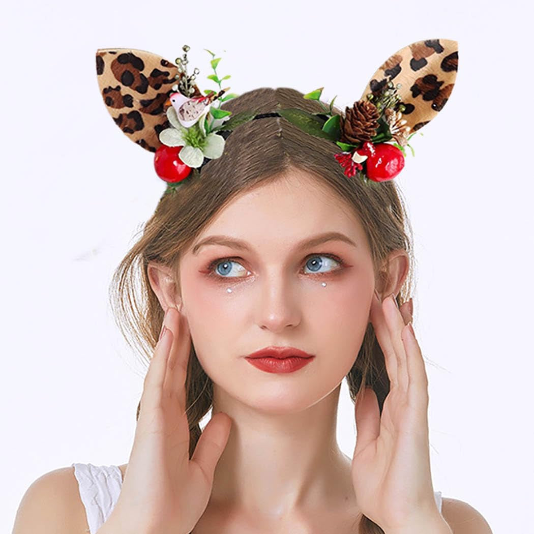 Leopard Headbands Brown Deer Hair Hoop Reindeer Antlers Headband Costume Halloween Hair Accessory for Women