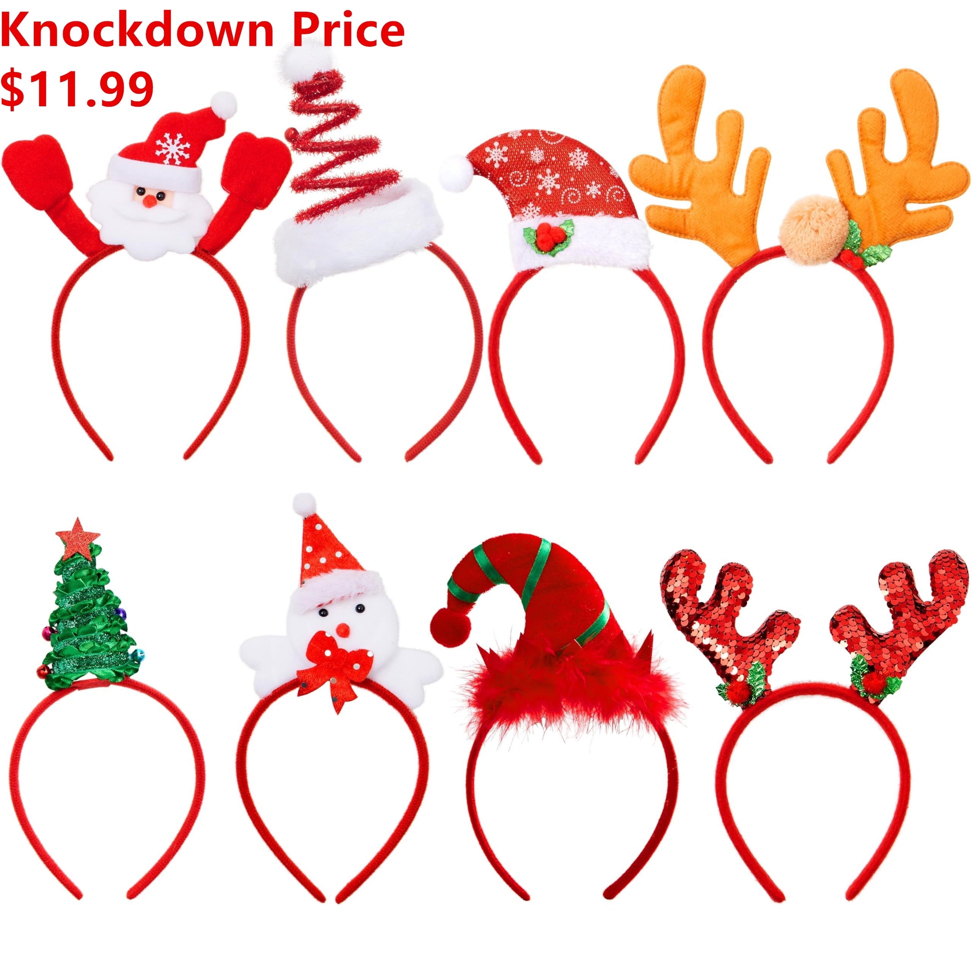 Pack of 8 Christmas Headbands with Different Designs for Christmas and Holiday Parties (One Size Fit Alll)