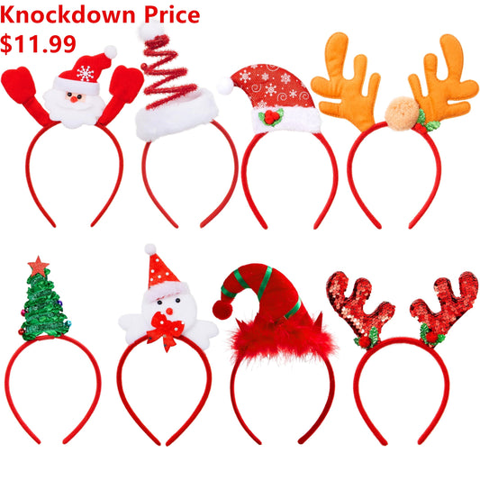 Pack of 8 Christmas Headbands with Different Designs for Christmas and Holiday Parties (One Size Fit Alll)