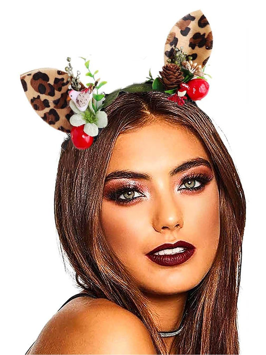 Leopard Headbands Brown Deer Hair Hoop Reindeer Antlers Headband Costume Halloween Hair Accessory for Women