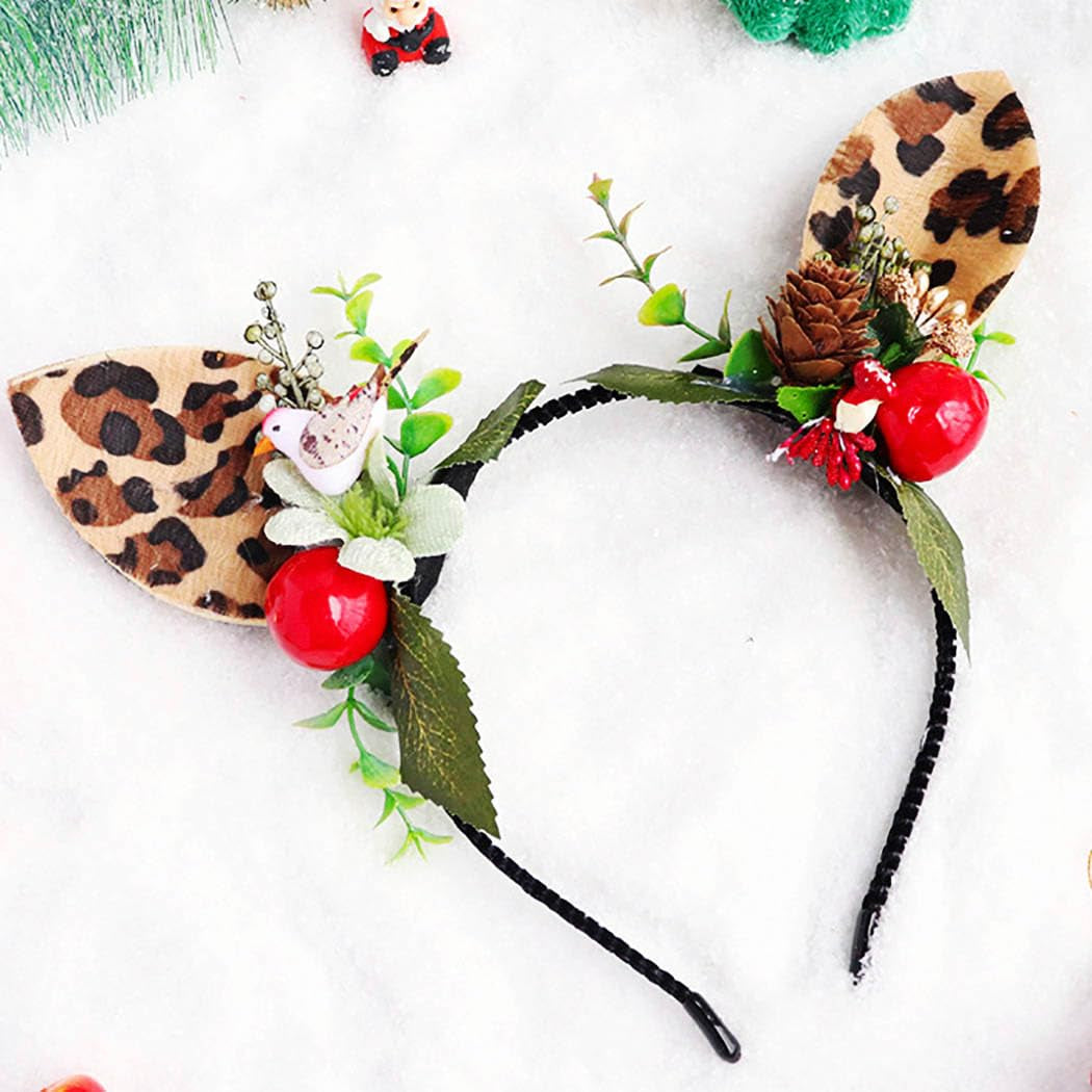 Leopard Headbands Brown Deer Hair Hoop Reindeer Antlers Headband Costume Halloween Hair Accessory for Women