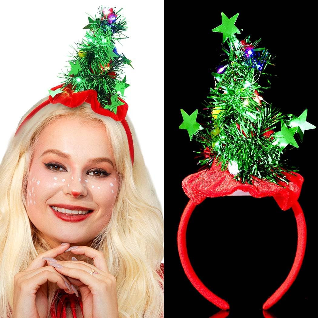 Light up Christmas Headbands Led Glowing Trees Hair Hoop Glitter Stars Hat Headpiece Luminous Hairbands for Women