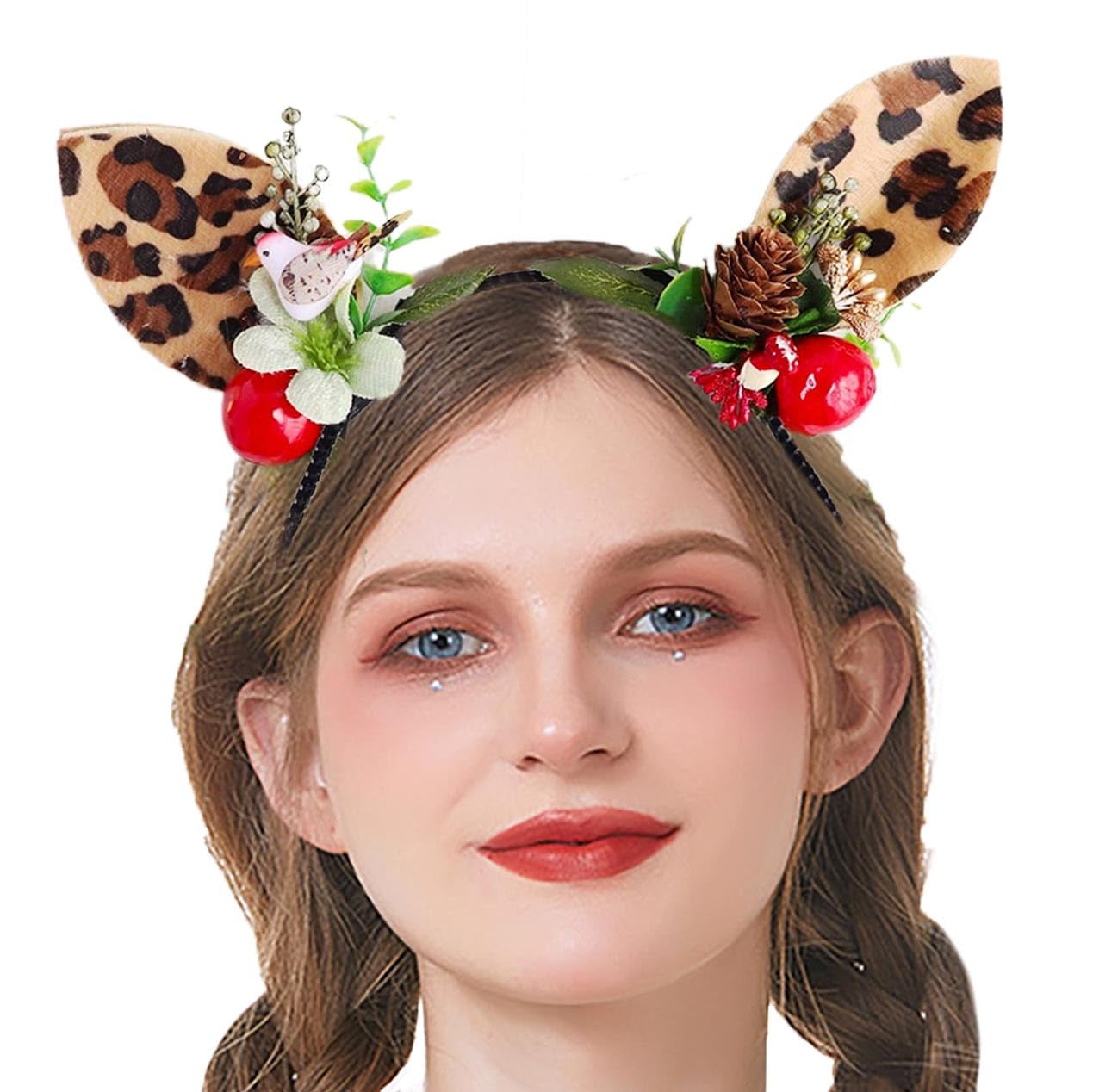 Leopard Headbands Brown Deer Hair Hoop Reindeer Antlers Headband Costume Halloween Hair Accessory for Women