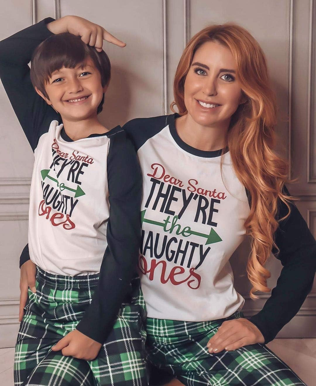 Matching Family Pajamas Sets Christmas Pj'S Letter Print Top and Plaid Bottom Sleepwear Jammies with Pockets